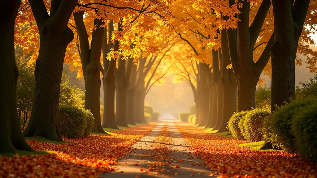Golden autumn woodland with leaves turning orange and red, carpet of fallen leaves on ground, soft warm light filtering through branches
