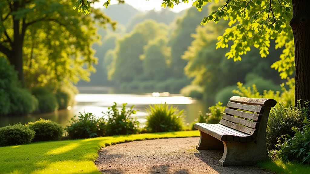 Stone and wooden benches positioned at scenic viewpoints throughout Mount Usher Gardens with river views and garden backgrounds