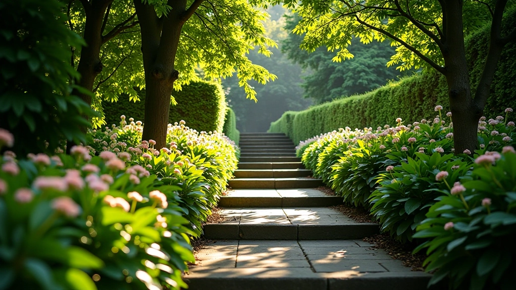 Mount Usher Gardens in Wicklow showing historic stone pathways lined with flowering shrubs and mature trees in afternoon light