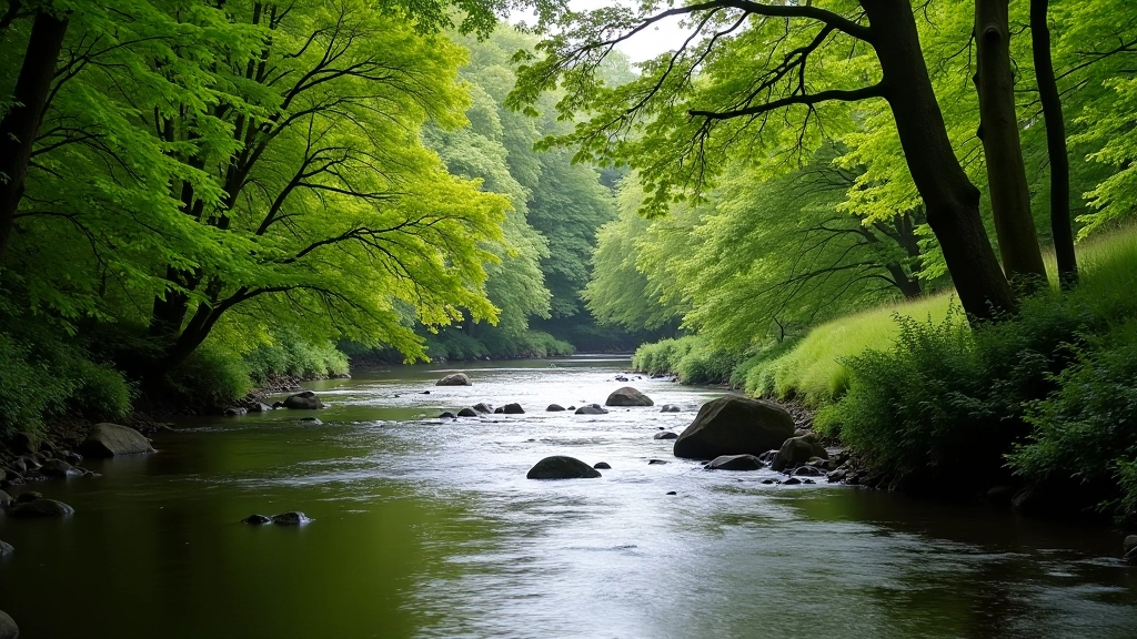 River Avoca winding through mature woodland, sunlight filtering through canopy onto the water below, peaceful natural setting