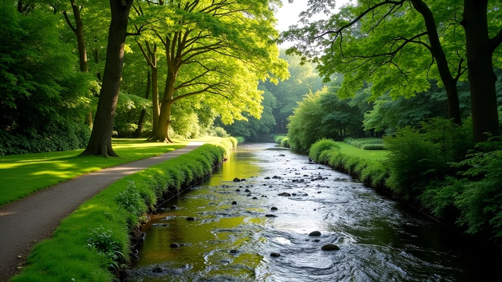 Avoca River flowing gently through woodland with walking path alongside, mature trees creating natural canopy overhead