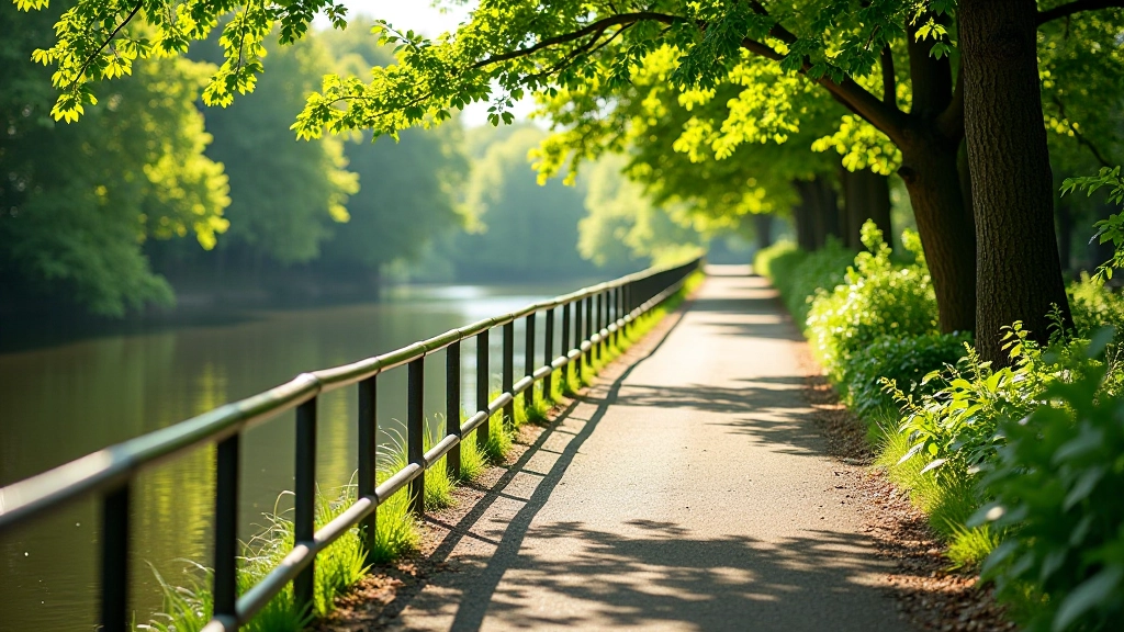 Riverside walking path with sturdy metal handrails, water visible on one side, paved and packed earth surface, shaded by mature trees, peaceful water sounds, natural lighting