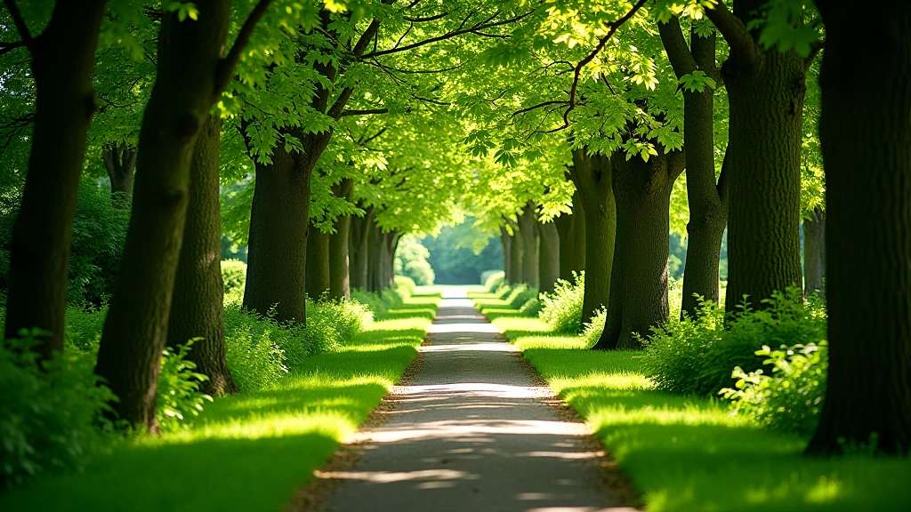 Lush green woodland path with dappled sunlight filtering through dense tree canopy, peaceful walking trail with soft ground, no people visible