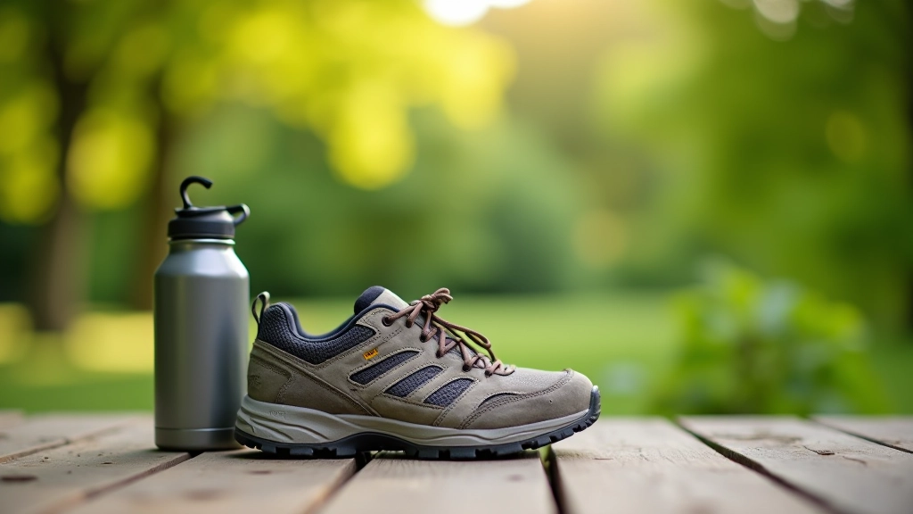 Walking boots and water bottle on outdoor surface, hiking preparation items, natural daylight, practical travel gear