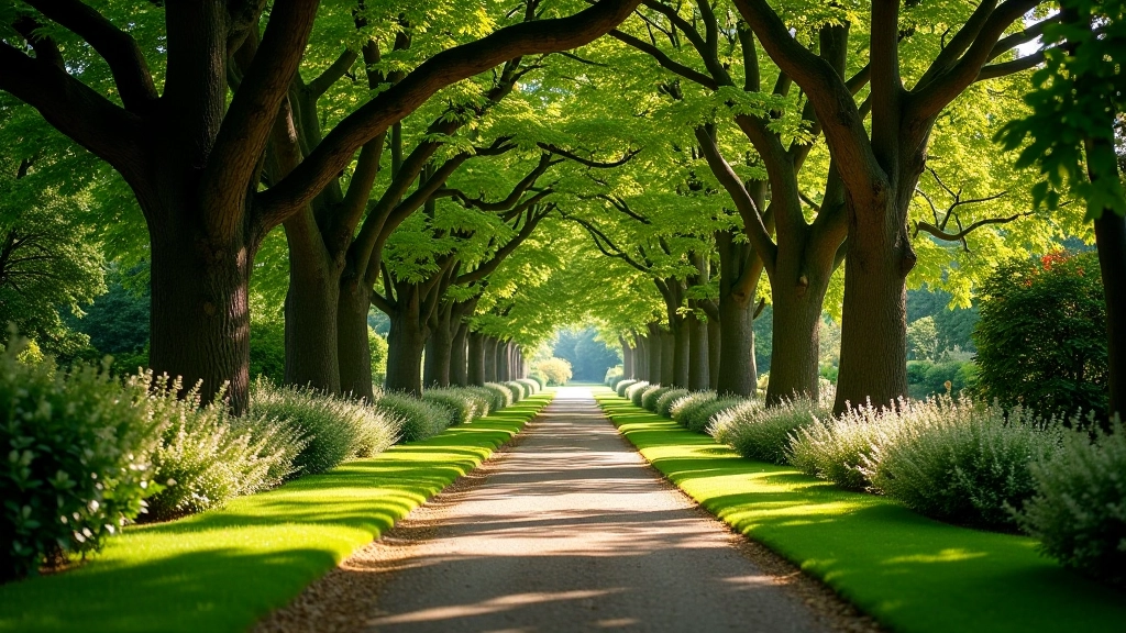 Scenic garden pathway with mature trees and flowering plants creating a peaceful walking environment